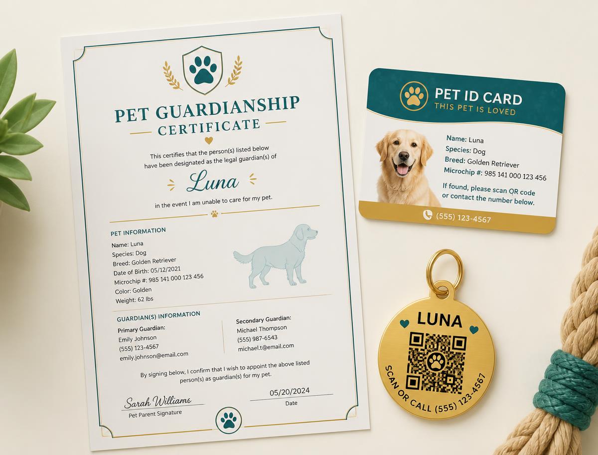 Kit IdentiPet com declaração de guarda, carteirinha de identificação e tag dourada com QR Code