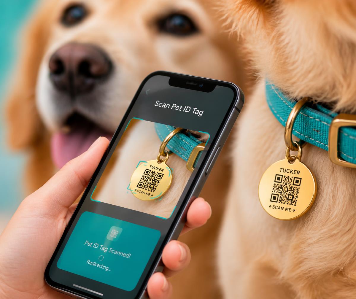 Celular escaneando a tag dourada com QR Code na coleira turquesa de um cachorro